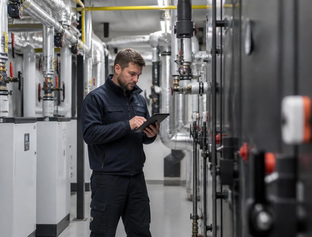 Techniker prüft Gebäudetechnik in einer Technikzentrale